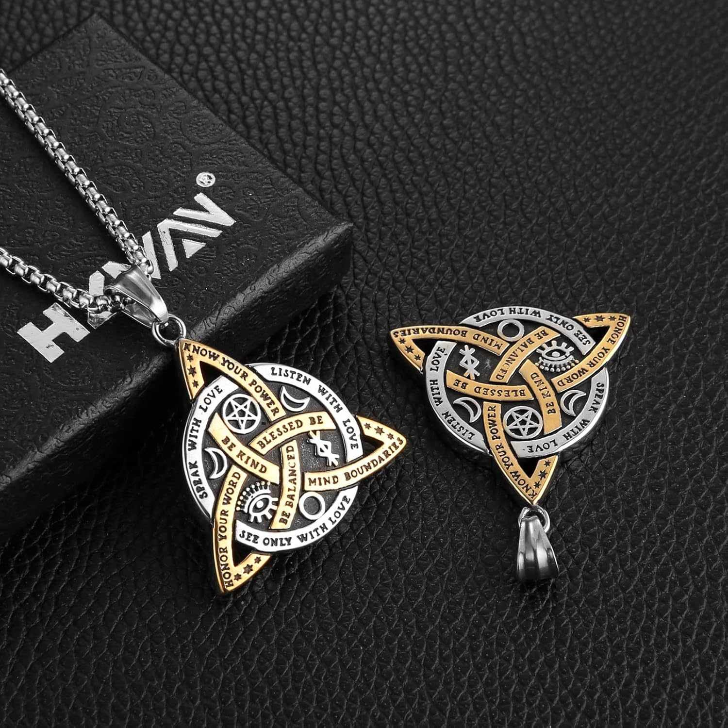 HZMAN Double Sided Stainless Steel Triple Goddess Triquetra Necklace Celtic Knot Irish Christian Trinity Knot Pendant - Image 5