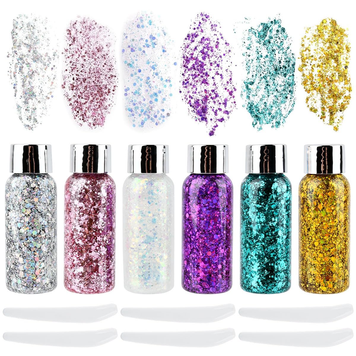 6er Set Body Glitter Gel - Glitzer Schminke Für Festival, Fasching, Weihnachten, Inkl. Sterne & Monde