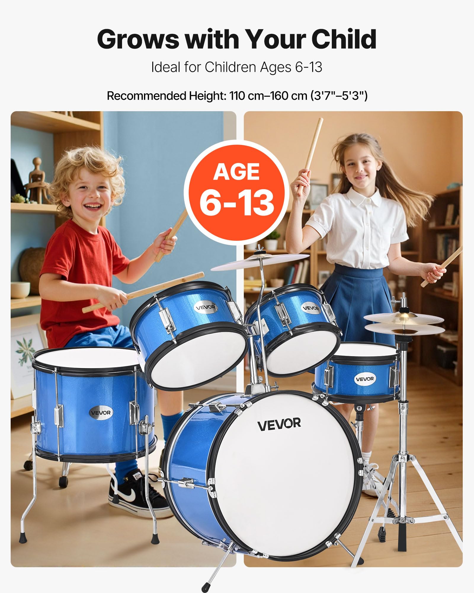 VEVOR Schlagzeug Set, 5-teilig, inkl. 40,6 cm Basstrommel, 25,4 cm Snare, 20,3 cm & 25,4 cm Tomtoms, 33 cm Standtom, Crash-Becken & 20,3 cm Hi-Hat, für Kinder von 6–13 Jahren, Blau