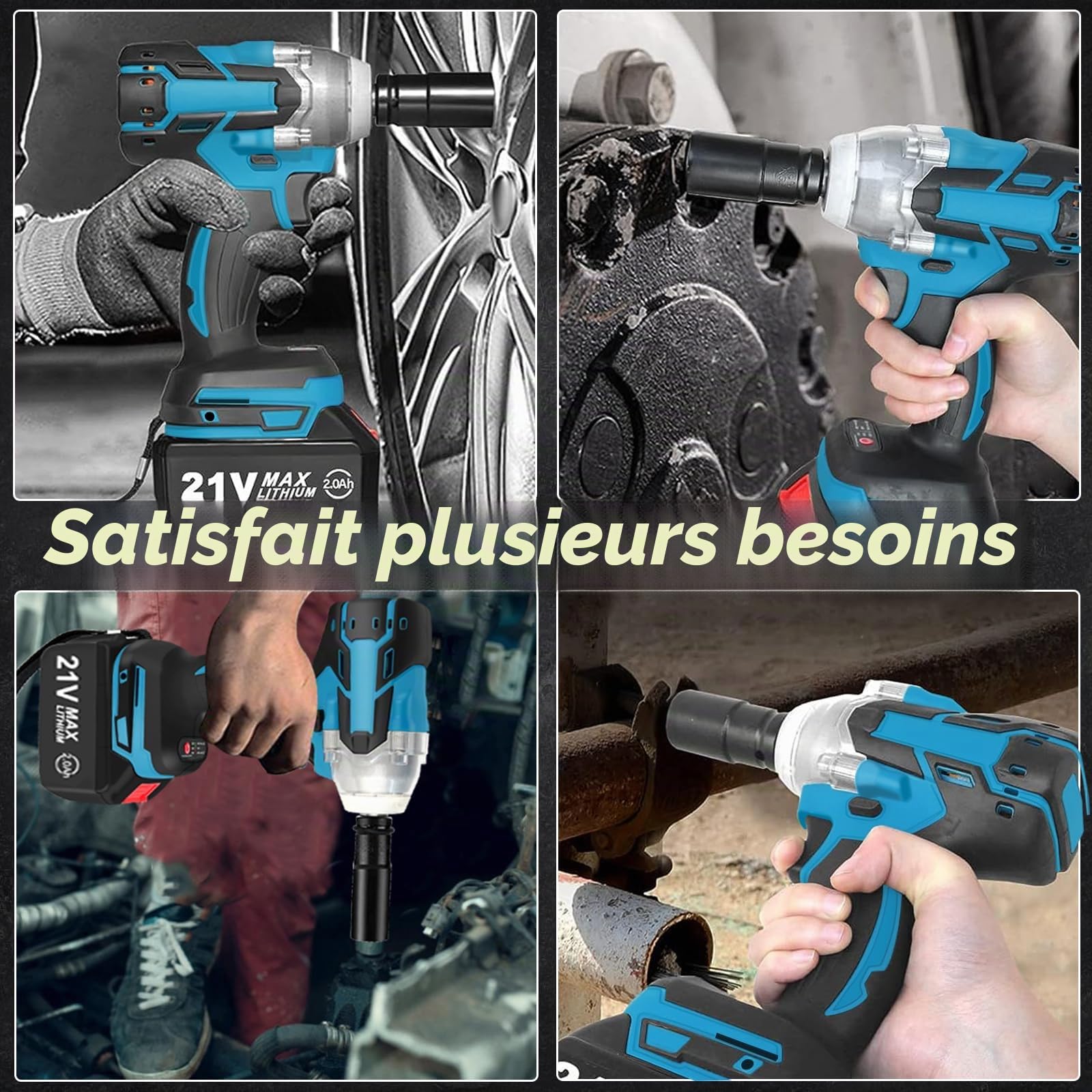 Clé à Chocs électriques,320 N·m Clé à Chocs Sans Fil Brushless avec 2.0Ah Batterie 21V 4 Douilles à Chocs (17 mm/19 mm/21 mm/22 mm)，Pour le changement de pneus, le serrage et le démontage de boulons