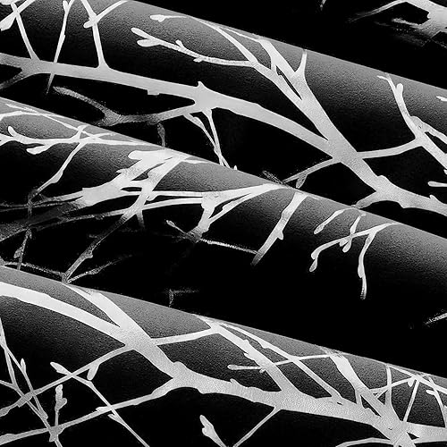 Miniatura 7 de FMFUNCTEX - Cortinas opacas negras, 96pulgadas, estampado de ramas en plateado metalizado, sala de estar, dormitorio, habitación de invitados,