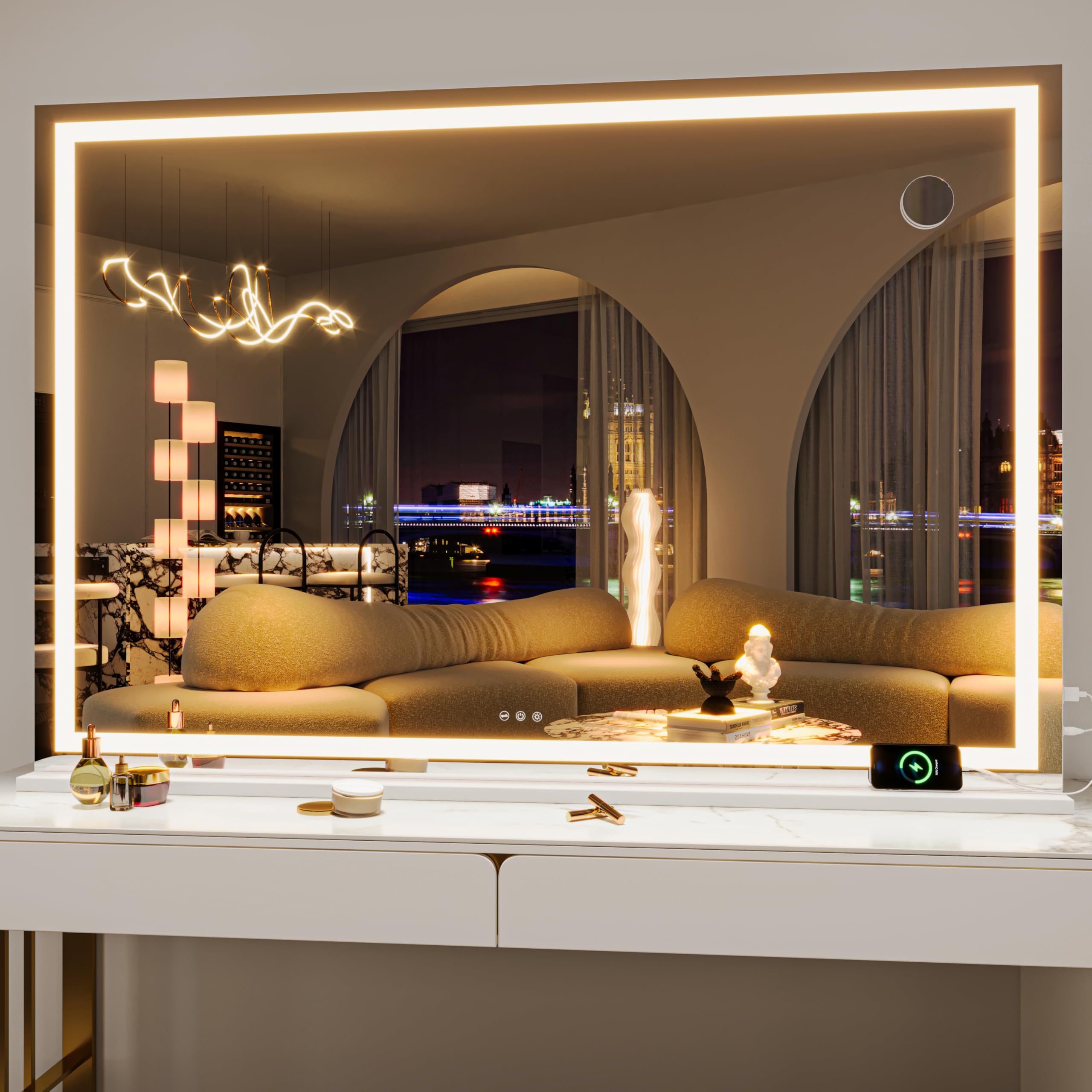 Hasipu Vanity Mirror with Lights, 140 x 90cm LED Makeup Mirror, Lighted Makeup Mirrors with Dimmable 3 Modes, Touch Screen Control Vanity Mirrors Square White