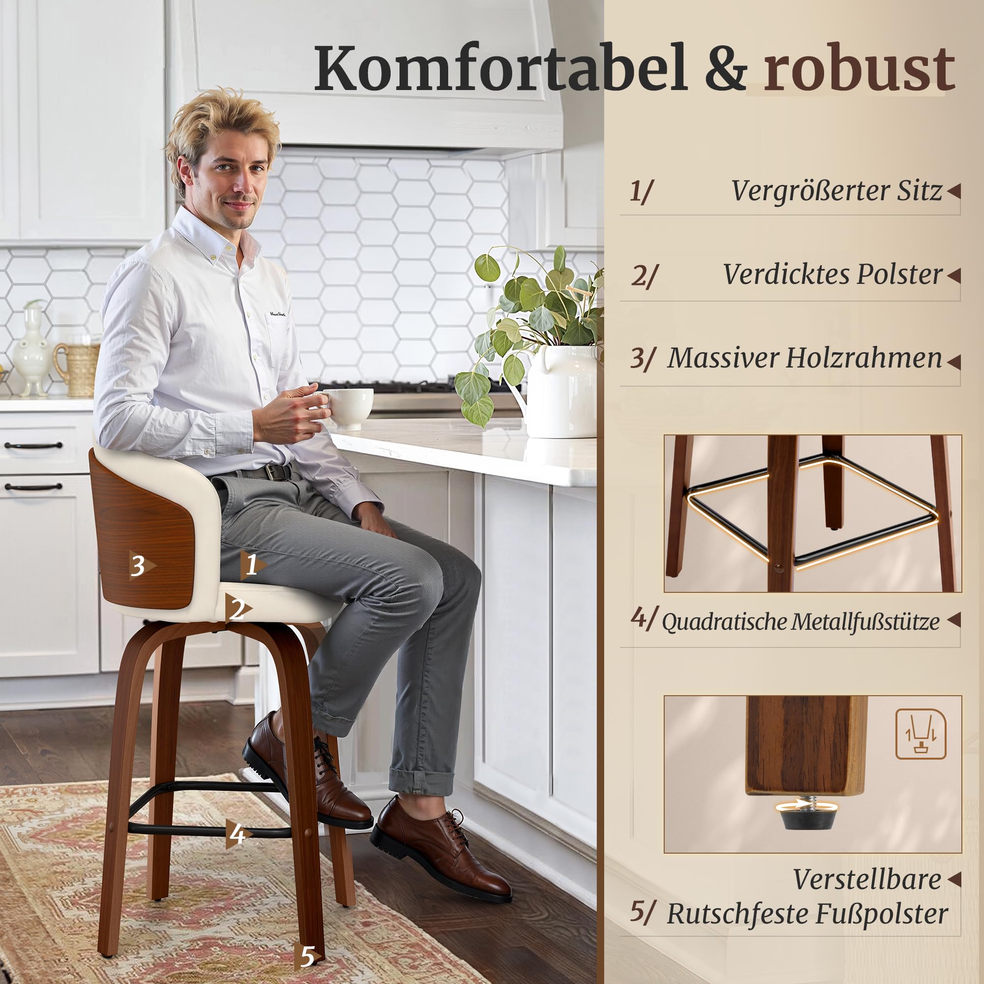 LUE BONA Barhocker 2er Set, 360° drehbarer Barhocker mit Lehne, 65cm Sitzhöhe, Kunstleder & Massivholz, Barstuhl mit Holzbeine und Fußstütze, Barstühle für Bar, Esszimmer, Kücheninsel, Cremeweiß