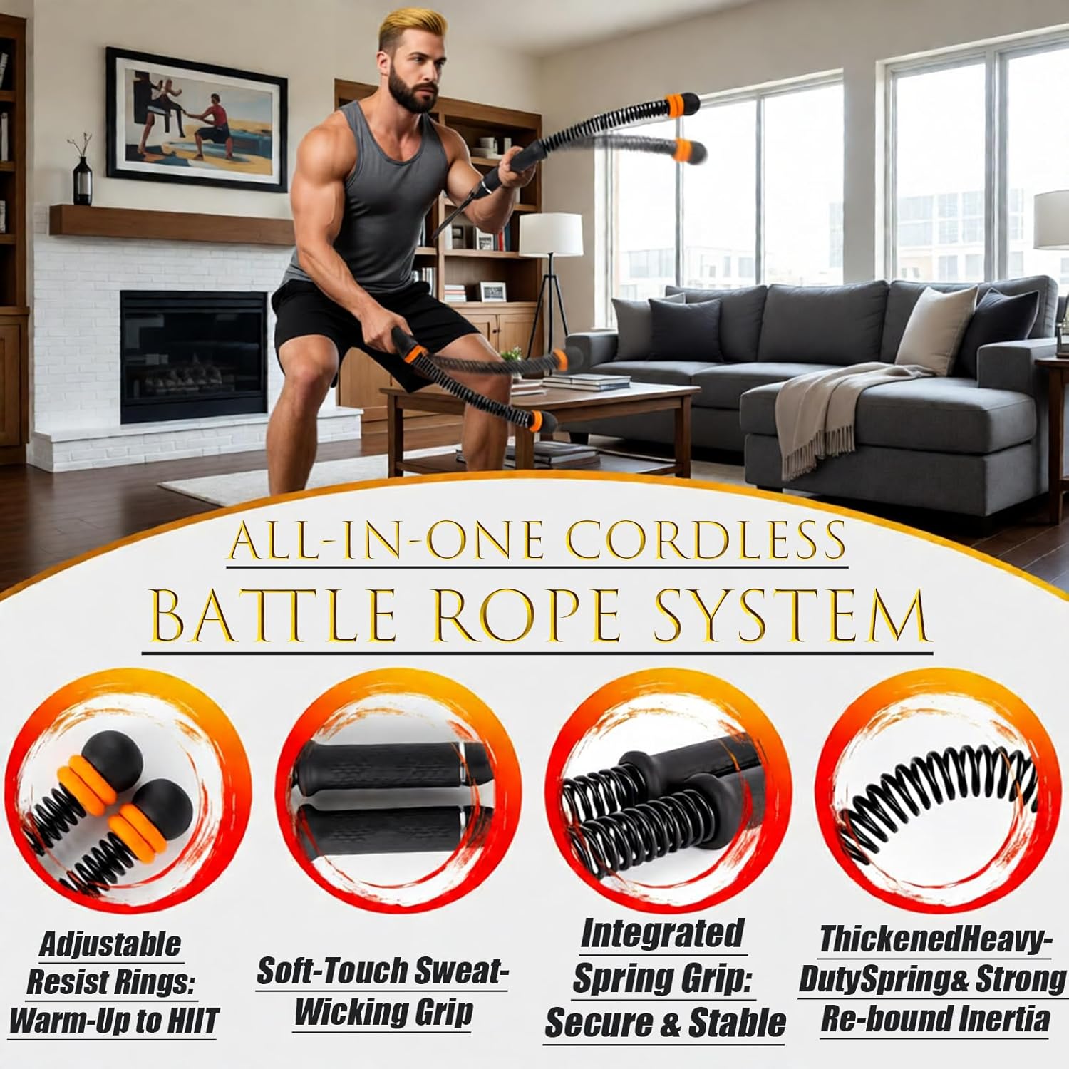 Adjustable Weighted Ropeless Battle Ropes with Spring Shock Absorption – Cordless Portable Training Rope for Home Gym, HIIT, Full-Body & Low-Impact Workouts, Non-Slip Grip, Includes Storage Bag, for Men & Women