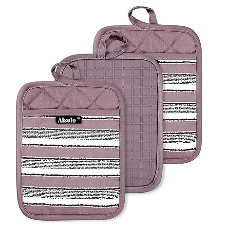 Alselo Silicone Pot Holders Set of 3 Heat Resistant & Non Slip Potholders, Professional Oven Hot Pads with Pockets Mitts for Kitchen Cooking Baking Barbecue