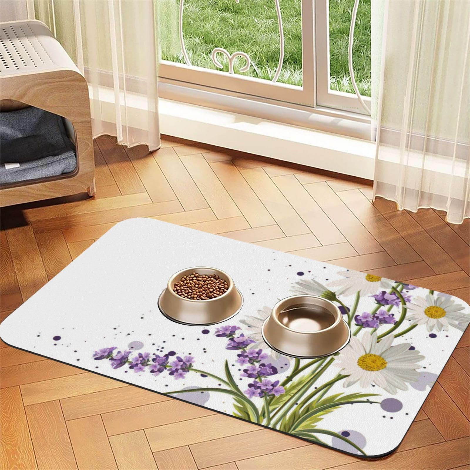 Tapis d'alimentation en cuir PU imprimé marguerites chic pour animaux