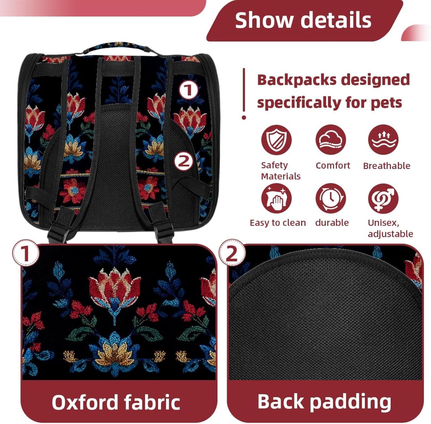 Portable Travel pet Backpack Carrier Hamster Bag Small Dog cat Carrier Breathable Hang Bag, Motifs African Boho Paisley Floral (43)