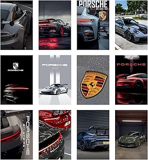 Posters Inc Set of 12 Porsche Car Posters for Wall, Home Decoration Items for Living Room, Aesthetic Wall Stickers for Bedroom, Birthday Gift Men, 300 GSM A4 Size Paper, Glue Dots Included