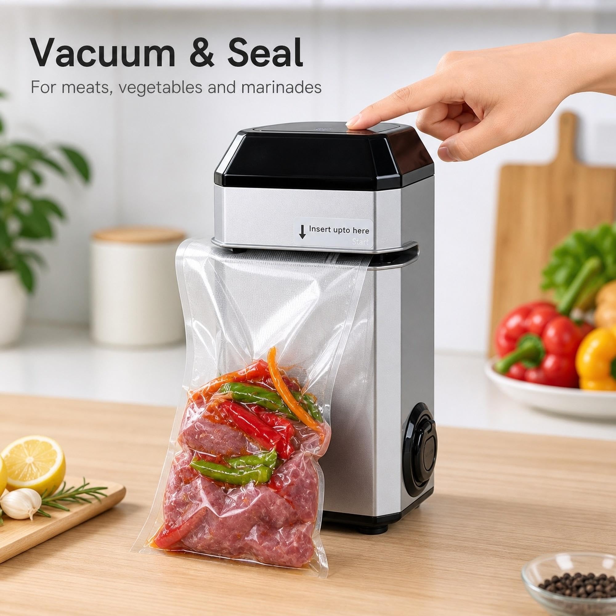 Food Vacuum Sealer Machine, 60 kPa Vertical Roller Seal | Silver Countertop Design, Food Storage Bags, Vacuum And Seal Modes, External Tube, 5 mm Seal Line(Black)