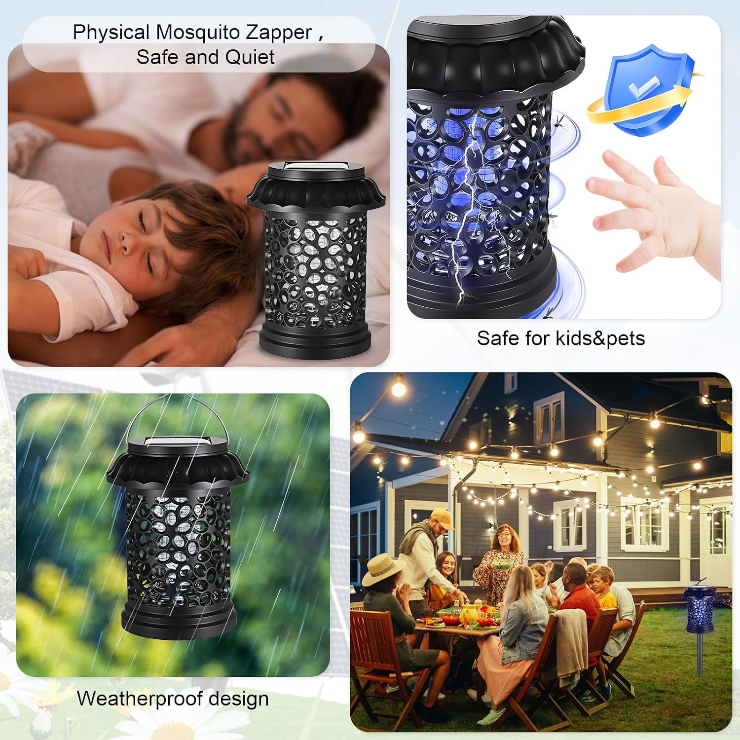 Qualirey 2 Pack Solar Bug Zapper for Outdoor & Indoor, UV Waterproof Mosquito Killer with 360° Protection, 3 in 1 Multi Functional Portable Solar Powered Fly Trap for Garden, Patio, Camping