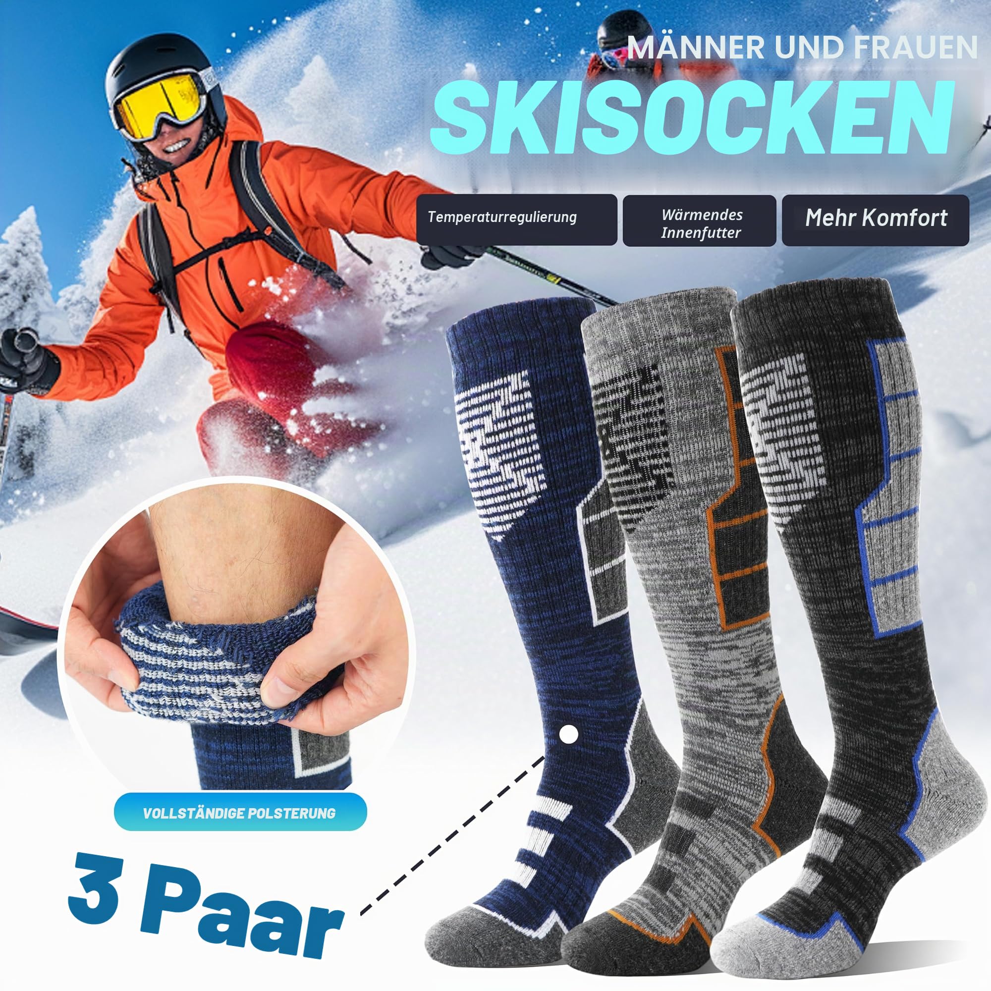 MOSEY KOSY 3 Paar Unisex Merino Wolle Skisocken Thermo Warme Winter Dicke Kniehohe Lange Sport Socken für Wandern Skifahren