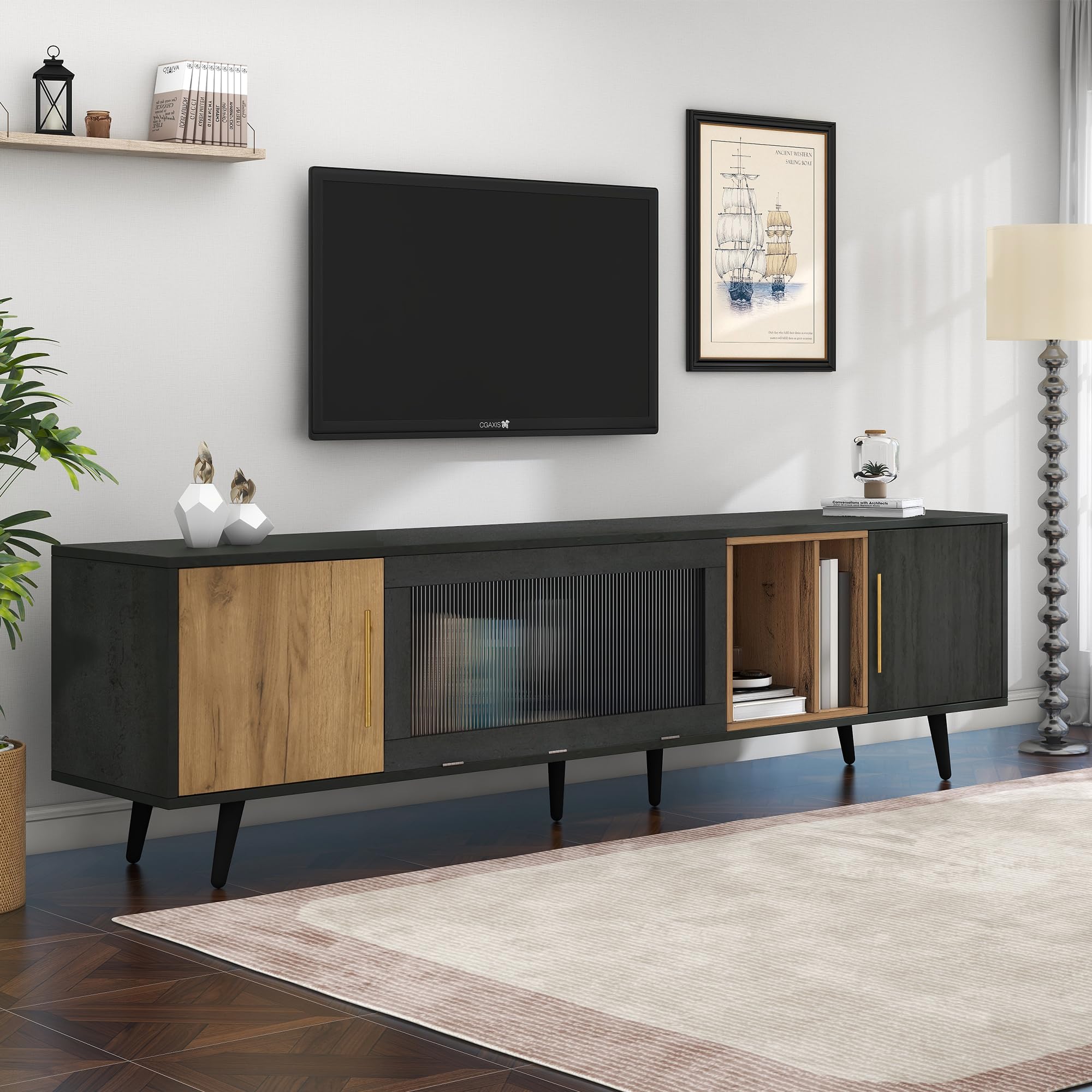 Mueble para TV de 200 cm, Soporte para TV de 90 Pulgadas con 2 Puertas, Armario Bajo con Puertas de Cristal Plegables y Espacio de Almacenamiento para Salón Dormitorio, Gris