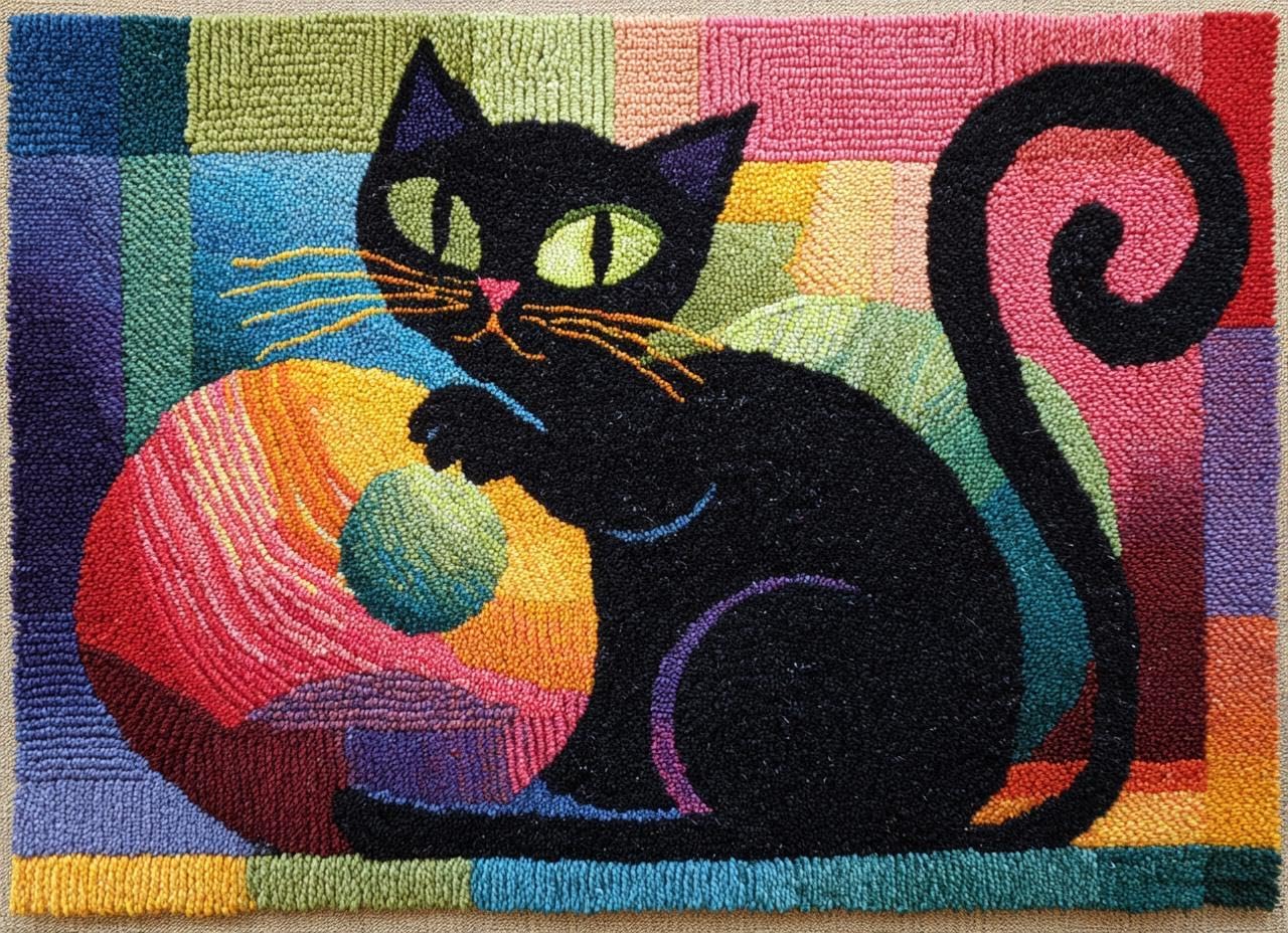 Latch Hook Rug Kit Black Cat Play Yarn Ball Tapestry 52x38cm-2