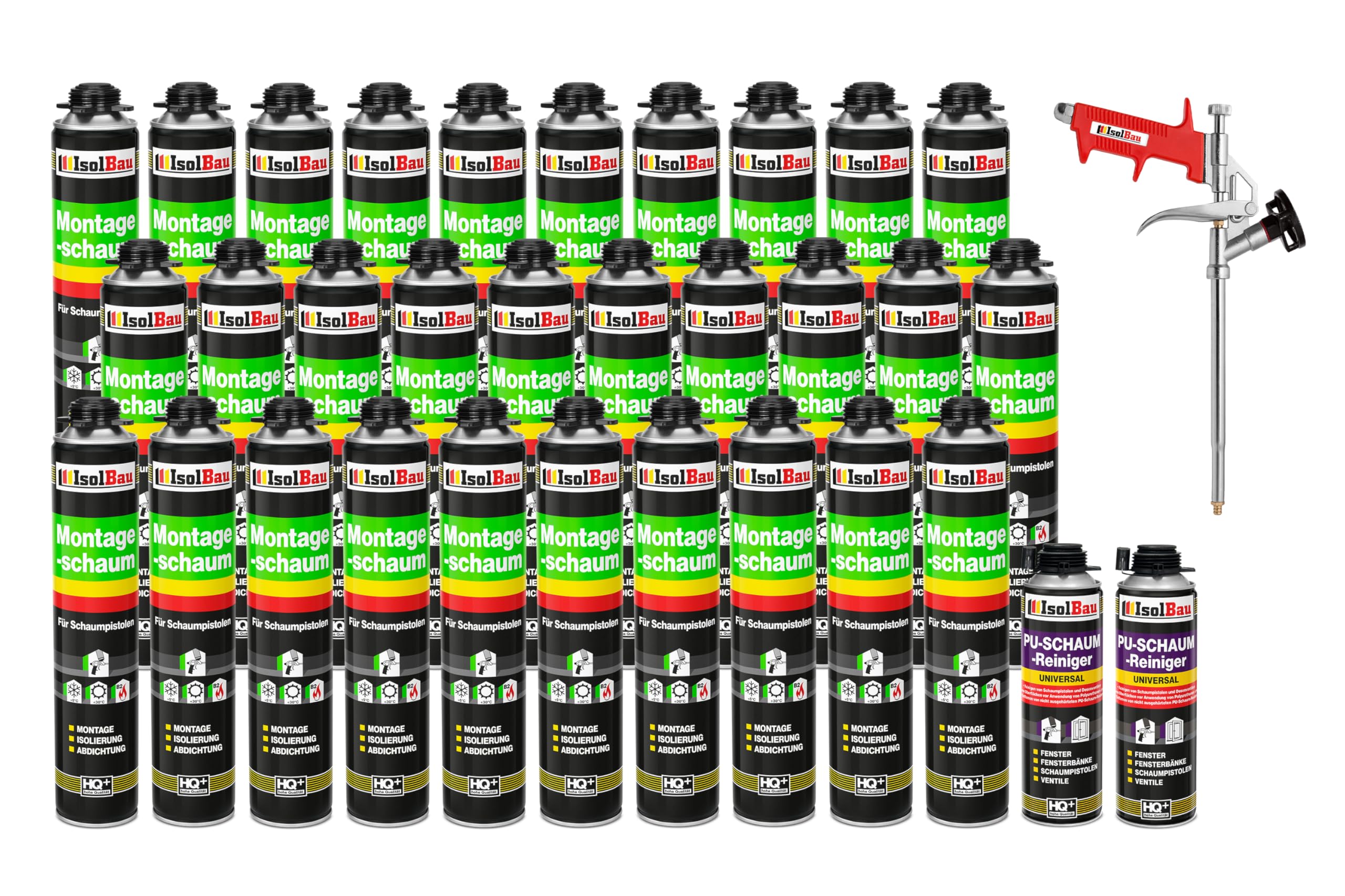 Isolbau Bauschaum-Set - Inkl. 30 x 1K Montageschaum B2 Pistolenschaum mit hervorragender Schall und Wärmedämmung (je 750 ml), 2 x PU-Schaum-Reiniger (500 ml) & 1 x Schaumpistole, Abdichten