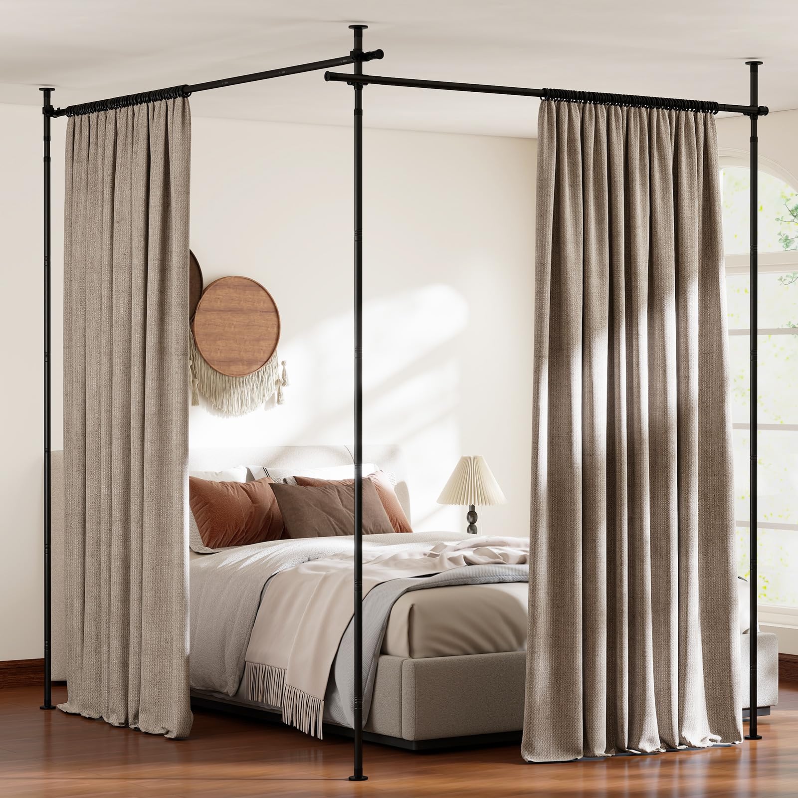COSTWAY Tenda Divisoria Senza Trapano, Parete Divisoria per Interni con Asta Regolabile 120-314 cm(A) 73-360 cm(L), Bastoni Tende in Metallo per Soggiorno, Camera da Letto e Balcone (stile 2 Nero)