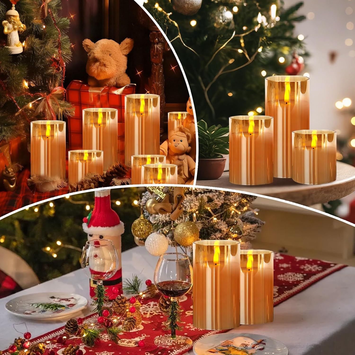 Flickering Flameless Candles with Remote,4", 5", 6" x 3" Diameter Glass Battery Operated LED Candles for Festival Wedding Home Party Decor(Pack of 3)-Brown