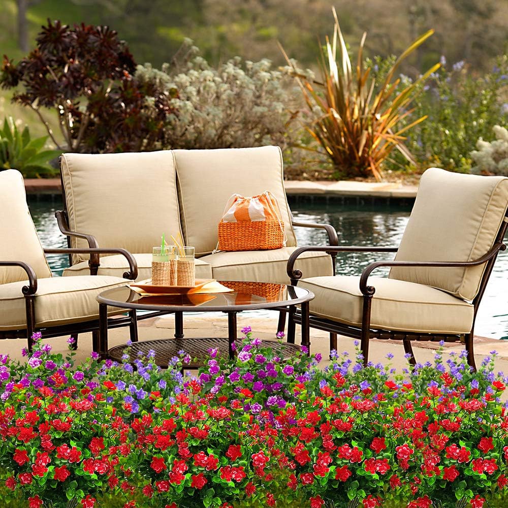 10 Bundles Artificial Fake Flowers, Faux Outdoor Plastic Plants UV Resistant Shrubs Outside Indoor Decorations (Red-Eucalyptus) - Image 7