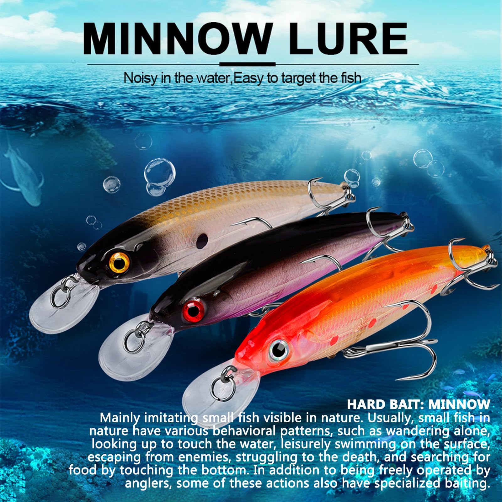 Kit Señuelos Pesca con Ojos 3D Realistass - Cebos Artificiales para Black Bass, Calamar y Trucha - Pesca Accesorios con Anzuelos Trebles Afilados y Efecto Luminiscente - Ideal para Mar, Río y Lago