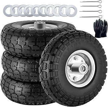 4 Pcs 10 Inch Solid Rubber Tires, 4.10/3.50-4" Tire and Wheel Flat Free with 5/8" Axle Bore Hole, 2.2" Offset Hub Replacement for Wheelbarrow, Hand Truck, Gorilla Cart, Garden Wagon Cart, Dolly