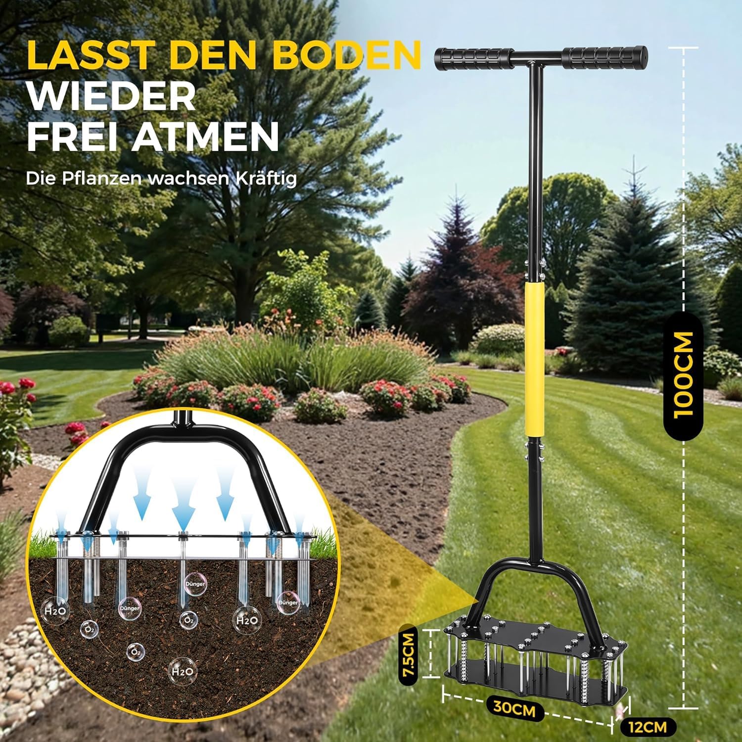 Lawn Aerator Tool, Heavy Duty Manual Yard Aerator with 15 Steel Spikes (3 Inch), Adjustable T-Handle & Height, Wide Foot Plate, Soil Aerator for Lawn, Garden & Yard (Black)
