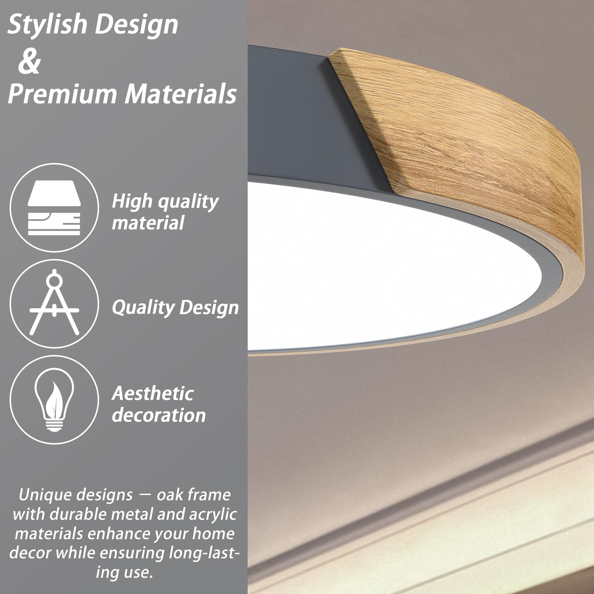 Froadp LED Deckenlampe Holz Deckenleuchte, Modern Lampe Decke Flach, Holzlampe Rund für Wohnzimmer, Schlafzimmer, Badezimmer, Küche, Flur, Kinderzimmer, Büro (96W Dimmbar, Grau)