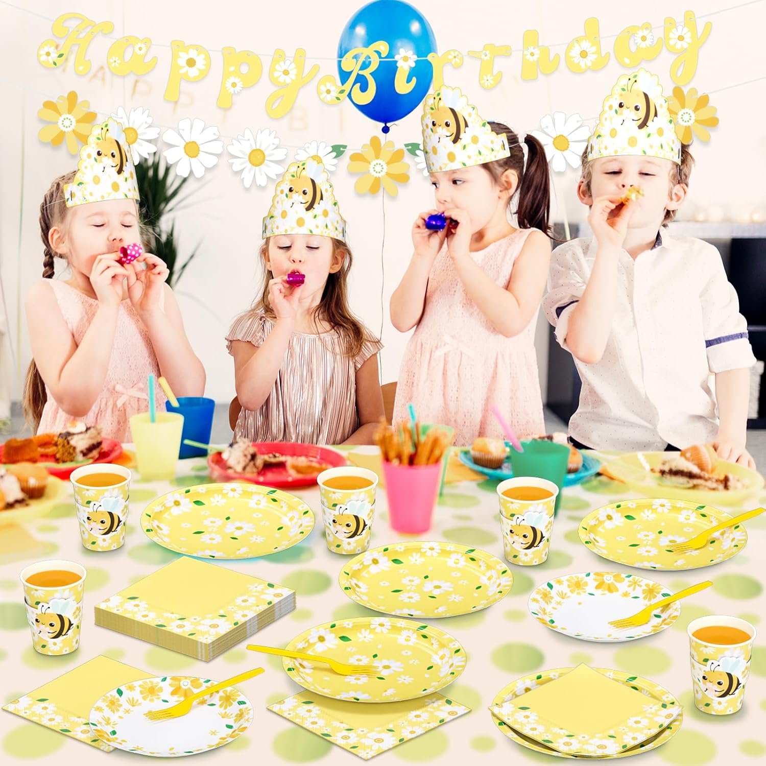 DYLIVeS Yellow Daisy Party Decorations, 192pcs Summer Supplies With Plates, Napkins, Cups, Sleeves, Bee Hats, Banner, Forks for Girls Birthday Baby Shower