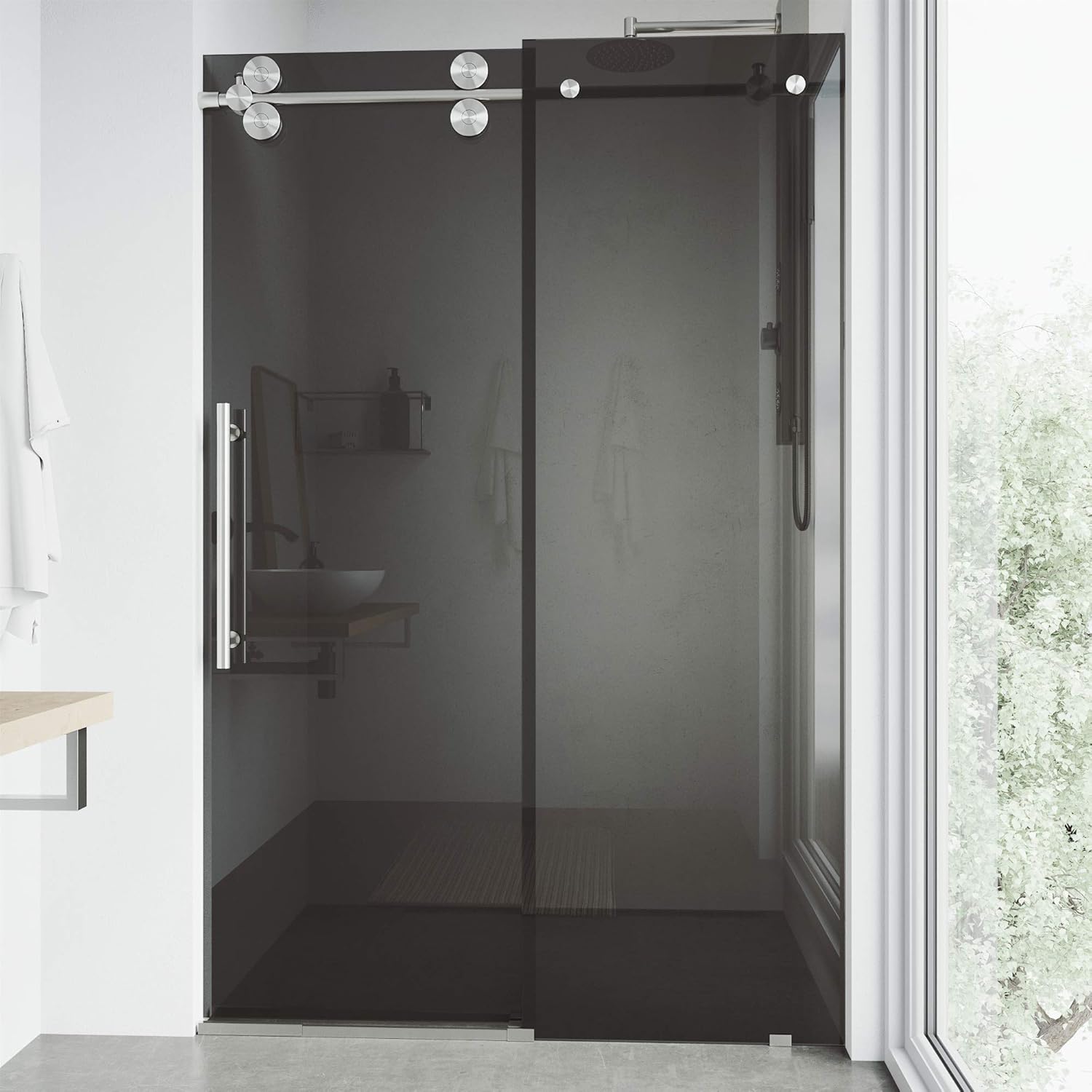 VIGO Elan 56 to 60 in. W x 74 in. H Sliding Frameless Shower Door in Stainless Steel with 3/8 in. Black Tint Glass-VG6041STBLK6074