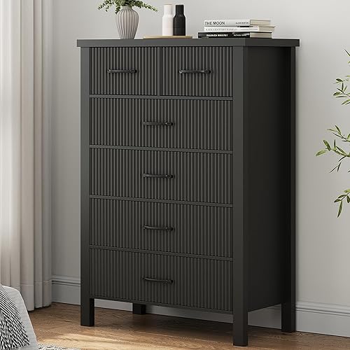 Fluted 6 Drawers Dresser for Bedroom, Tall Modern Chest of Drawers with Metal Handle, Wooden Closet Clothes Storage Organizer for Living Room, Hallway (Black)