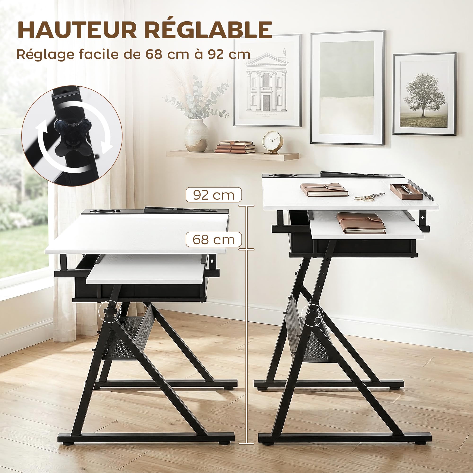 HOMCOM Table à Dessin avec Tabouret, 2 Tiroirs, Hauteur Réglable, Blanc
