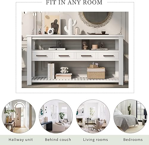 Miniatura 5 de Mesa consola multifunción vintage, mesa de sofá moderna de 62.2 pulgadas con 4 cajones y 2 estantes de almacenamiento, aparador de madera para