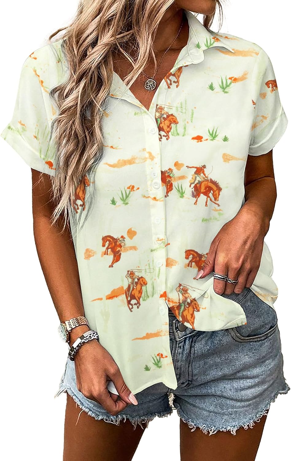 Western Button Up Shirts Women Retro Cowgirl Shirt Rodeo Tops Hawaiian Summer Vacation Short Sleeve Top Blouses