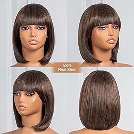 ToyoTress Brown Highlight Bob Wigs With Bangs - 12 Inch Blunt Cut Bob Wig For Black Women Light Yaki Straight Daily Costume Wig, Synthetic Hair Replacement Wigs Heat Resistant (12 Inch, M4/30)