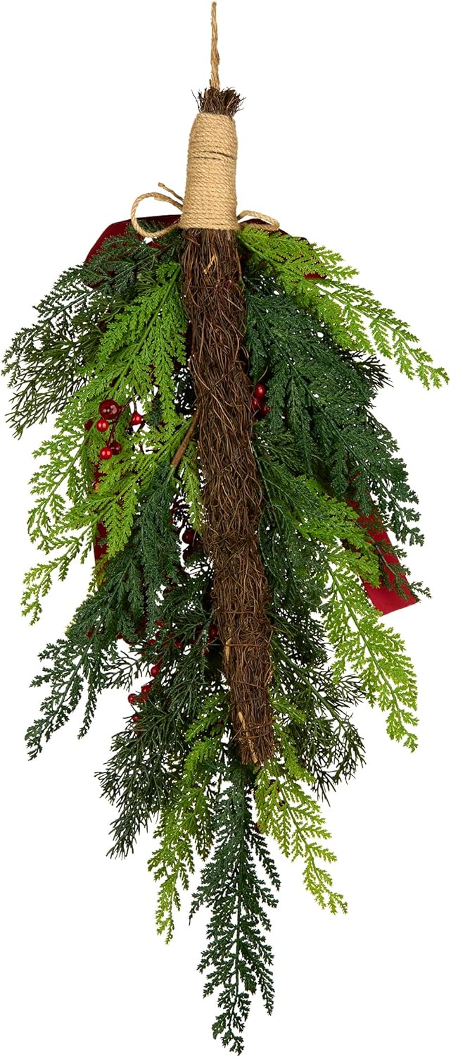 National Tree Company Artificial Christmas Teardrop, Green, Christmas Joy, Red Berries, Pine Cones, Dark Red Velvet Bow, 28 inch