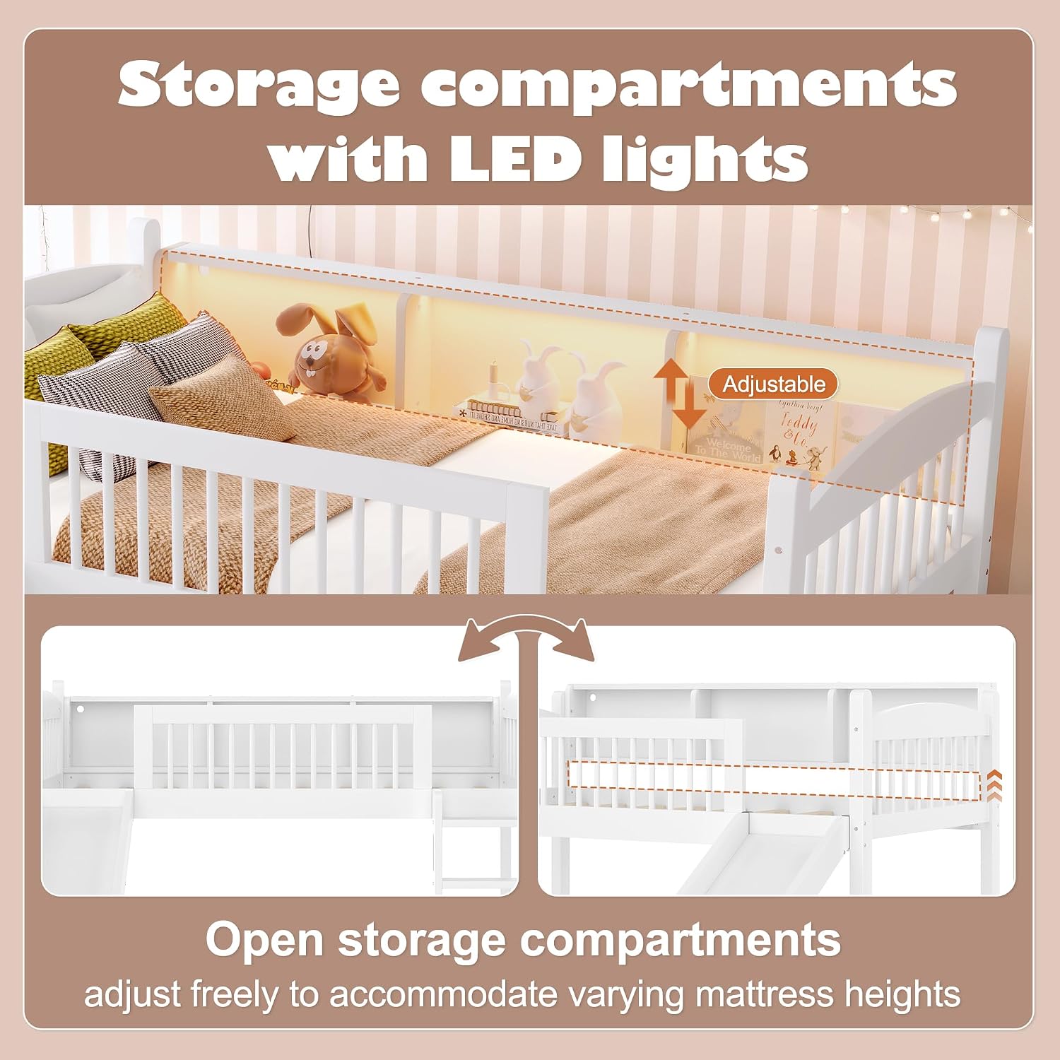 Bellemave Twin Size Low Loft Bed with Storage Shelves, Solid Wood Loft Bed with LED Lights and Full-Length Rails, Bed for Kids, Boys, Girls, Teens, Save Space,Easy Assemble(Twin,White)