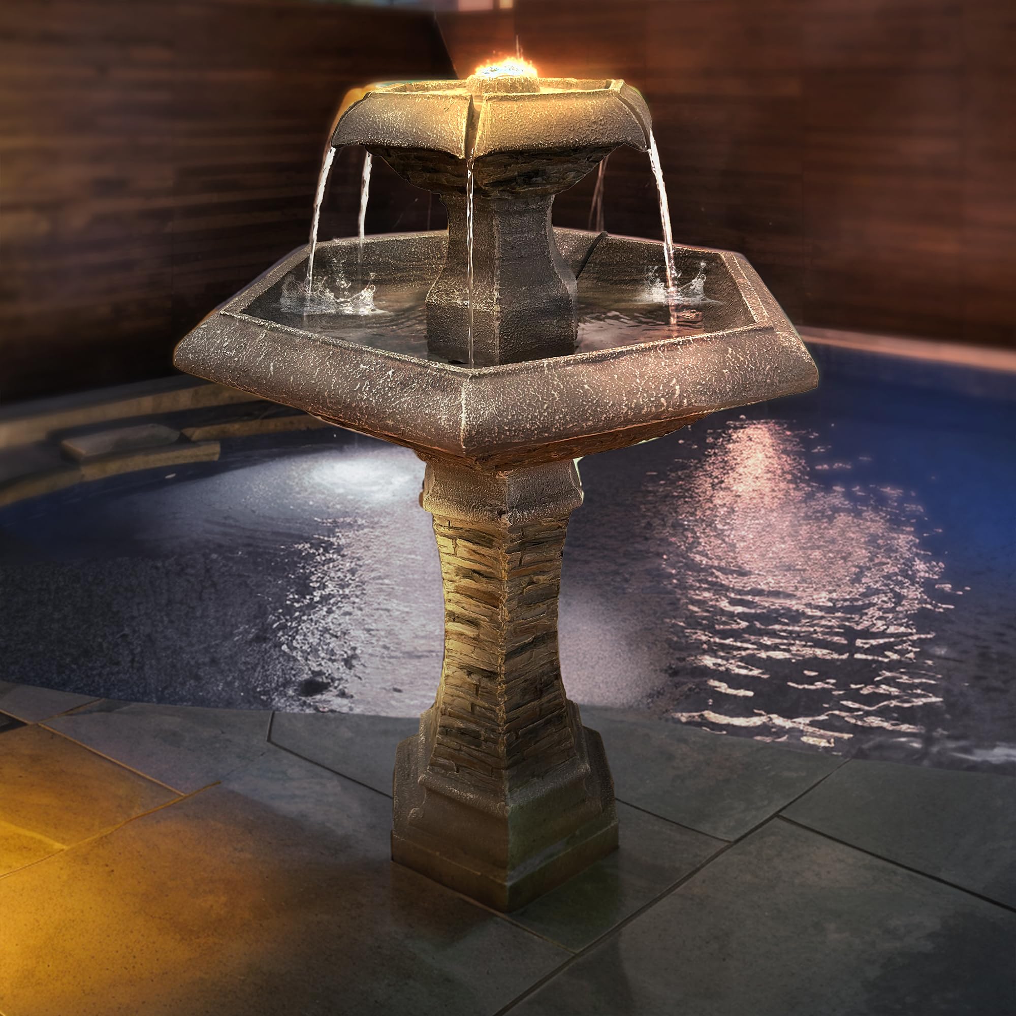 Köhko® Hexagon Elegance - Fuente de jardín con iluminación LED, cascada, bebedero para pájaros, decoración de jardín