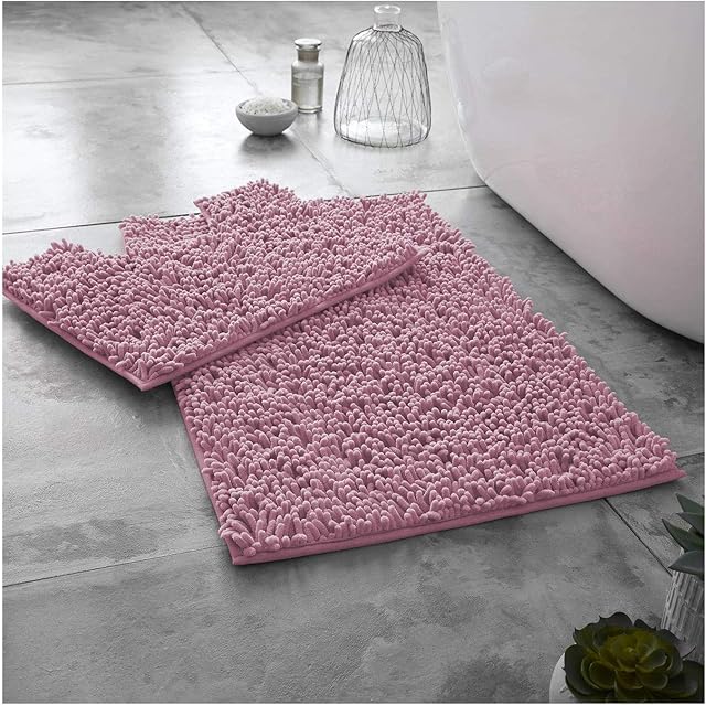 FAIRWAYUK 2 Piece Non-Slip Bath Pedestal Mat Sets Blush Pink, Microfiber Bathroom Shaggy Rugs, Water Absorbent, Machine Washable, Super Soft Bathmats
