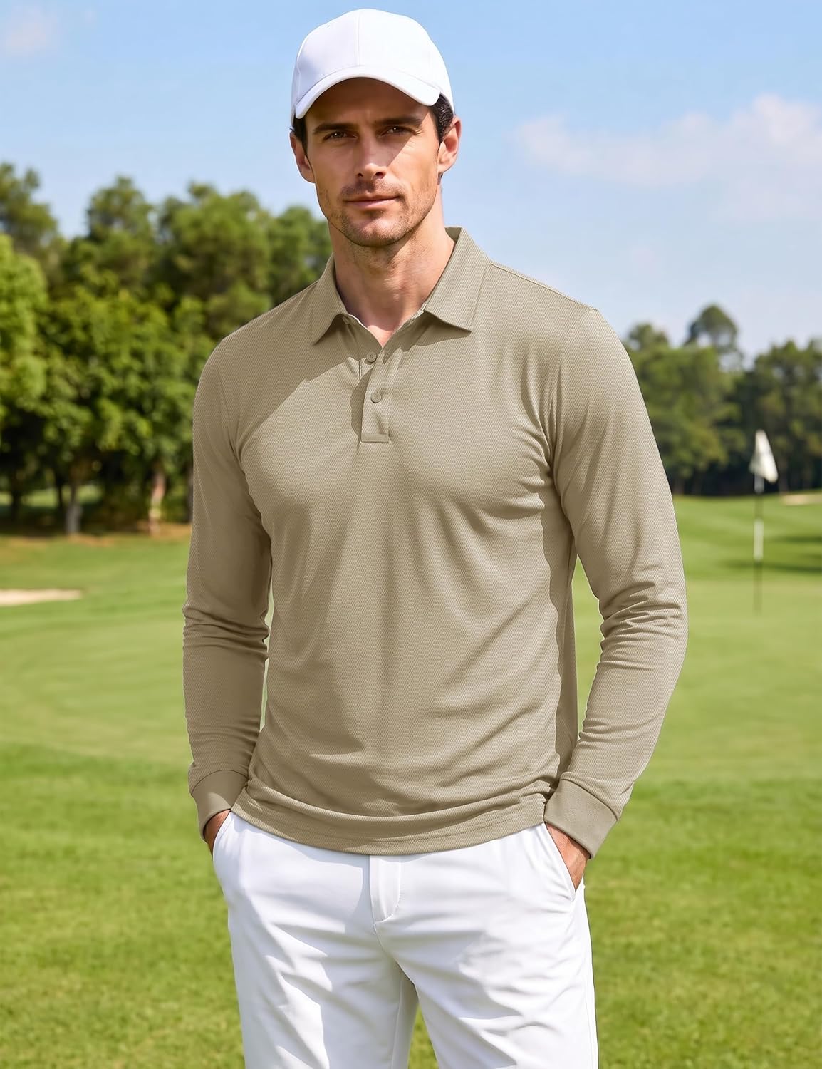 MAGCOMSEN Mens Polo Shirts Long Sleeve Quick Dry 3 Button Collar Golf Shirt