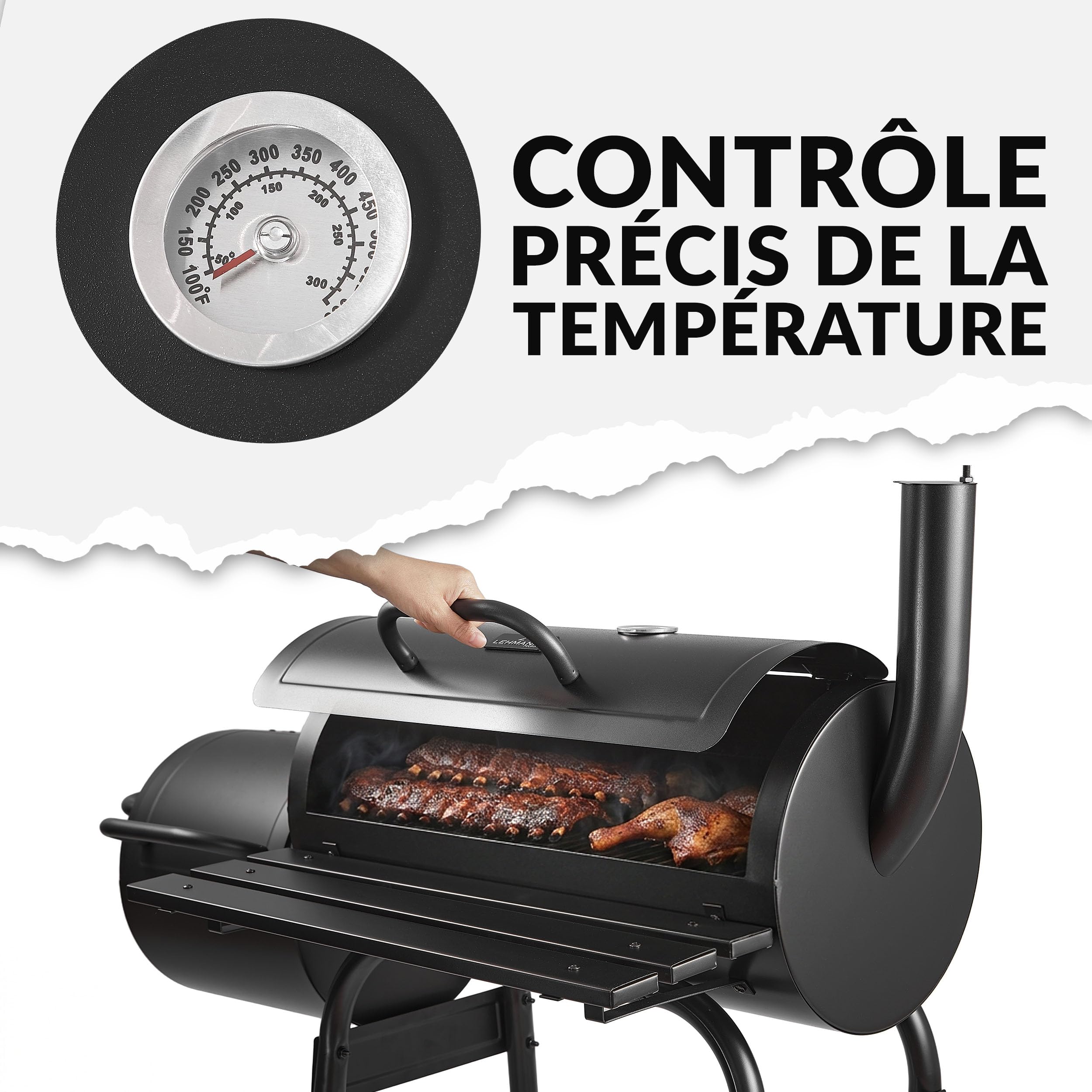 LEHMANN Barbecue Charbon de Bois et Fumoir 2 en 1, Grille XXL, Couvercle avec Thermomètre, Tablette Pliable, BBQ mobile 2 Roues