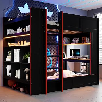 Full Size Gaming Bunk Bed with Desk and Storage Shelves, LED Bunk Bed with Charging Station for Teens Adults, Black