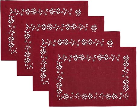 Poinsettia Noel Laser Cut Placemats, Set of 4, Red - 13"W x 19"L