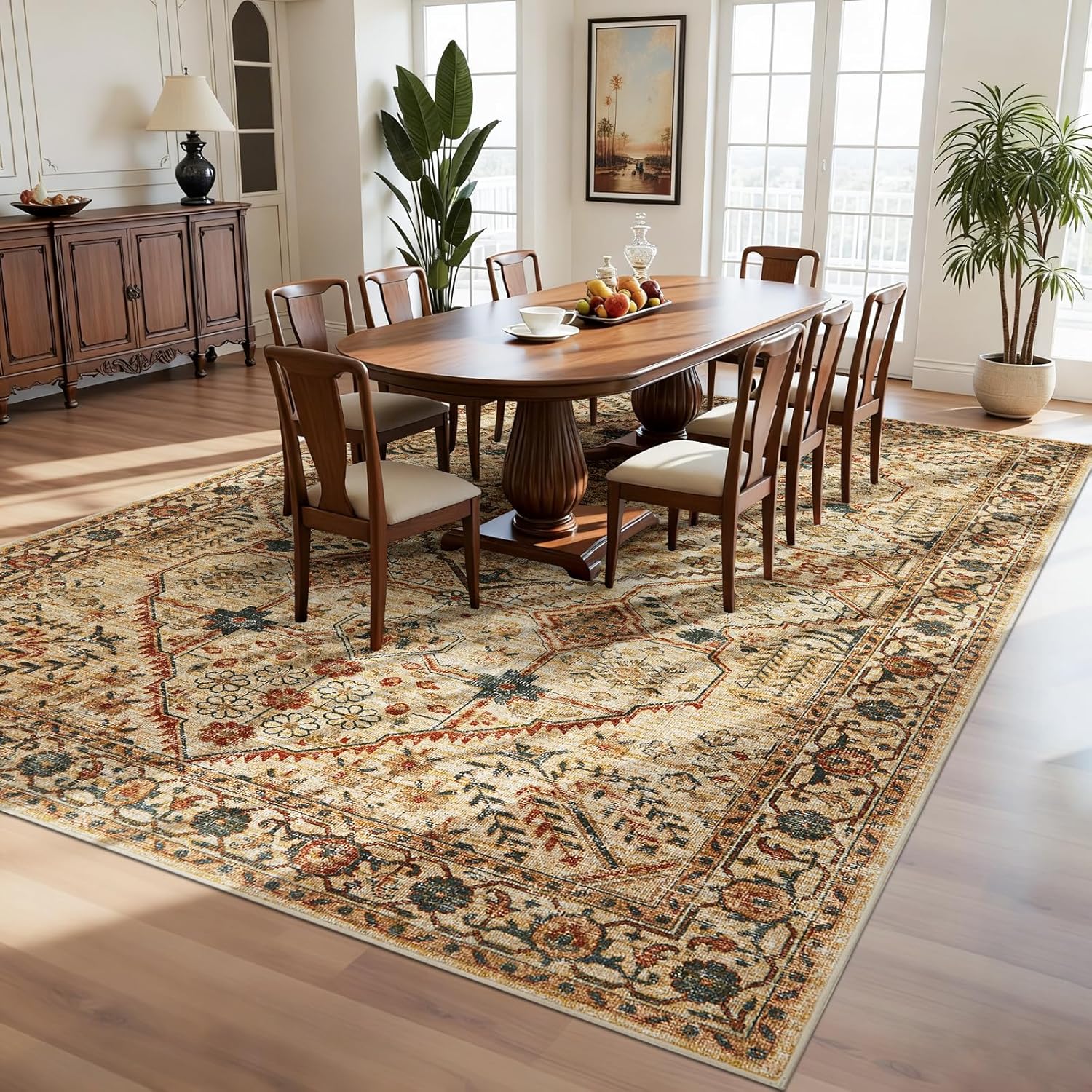 Joydeco 8x10 Area Rugs for Living Room, Non Slip Machine Washable Vintage Rug, Low Pile Chenille Print Rugs for Bedroom, Dining Room, Home Office, Pet & Child Friendly, Tan