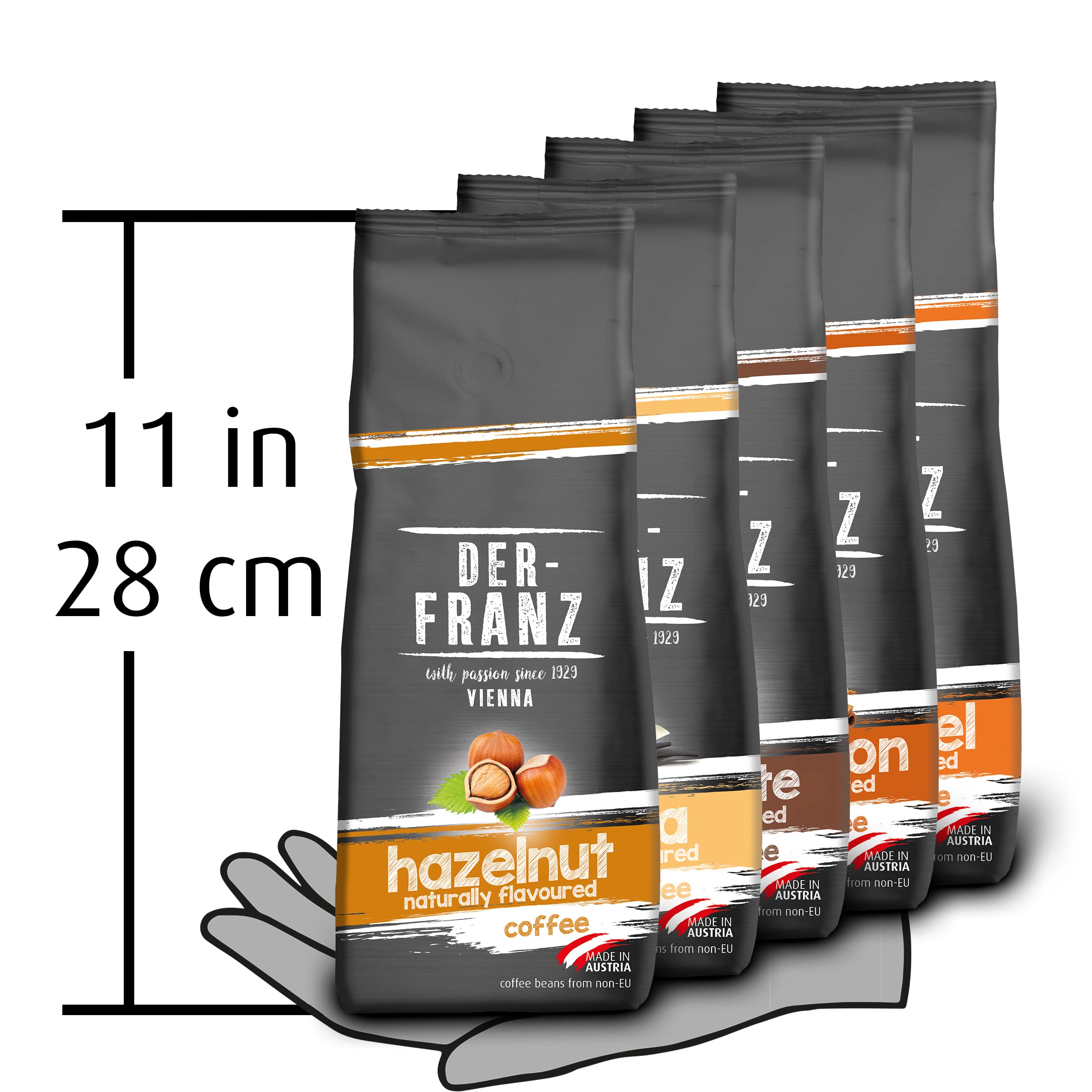 Der-Franz kawa Pack mielona, aromatyzowana, 5 x 500 g (1 x Laskowy, 1 x Waniliowym, 1 x Czekoladowym, 1 x Cynamonowym, 1 x Karmelowym)