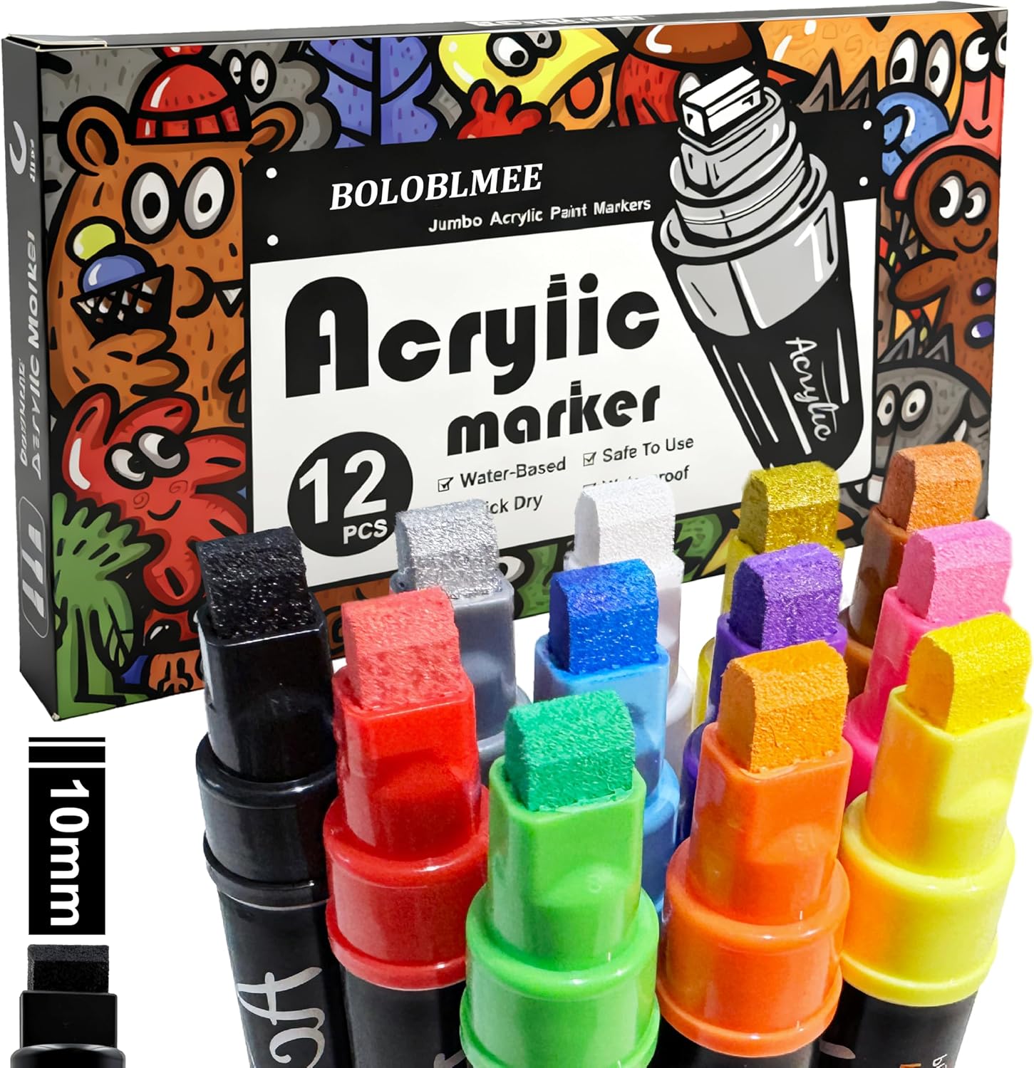 12 Colors Jumbo Paint Markers, 10mm Acrylic Paint Pens for Rock Painting, Canvas, Poster, Stone, Ceramic, Glass, Wood, Plastic - Quick-Drying, Waterproof, Multi-Surface Art Supplies.