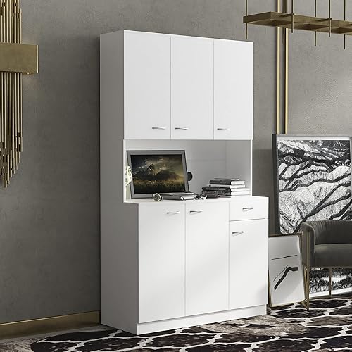 Miniatura 2 de AMNOOL Modern Luxury Wooden Wardrobe 7087 Tall Wardrobe  Kitchen Cabinet 6 Doors 1 Open Shelf  1 Drawer Bedroom White