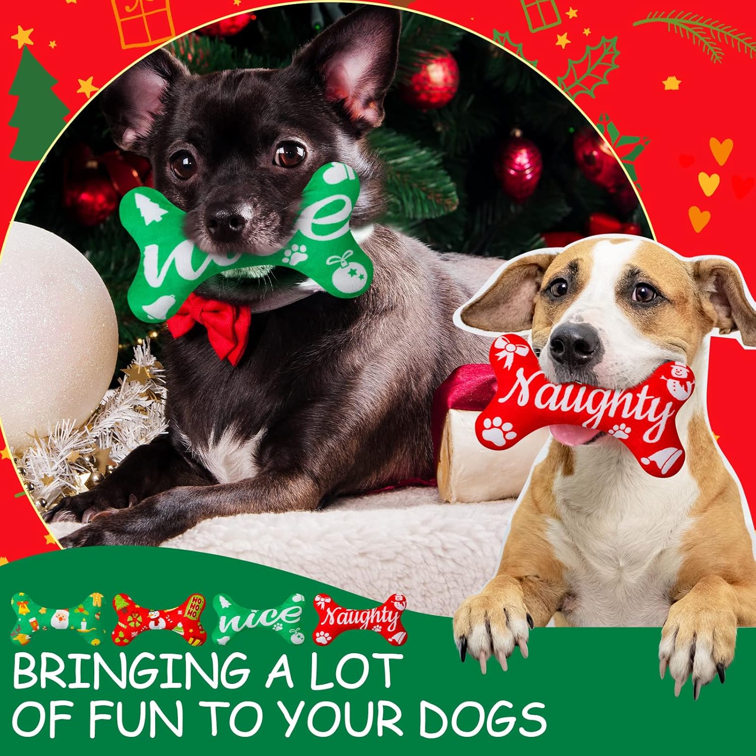 Sosation 4 Pcs Dog Christmas Toy for Small Medium and Large Breeds, Soft Cotton Filled Squeaky Play, Cute Bone Shape Plush Toys, Xmas Party Gifts, 7 x 5 Inch