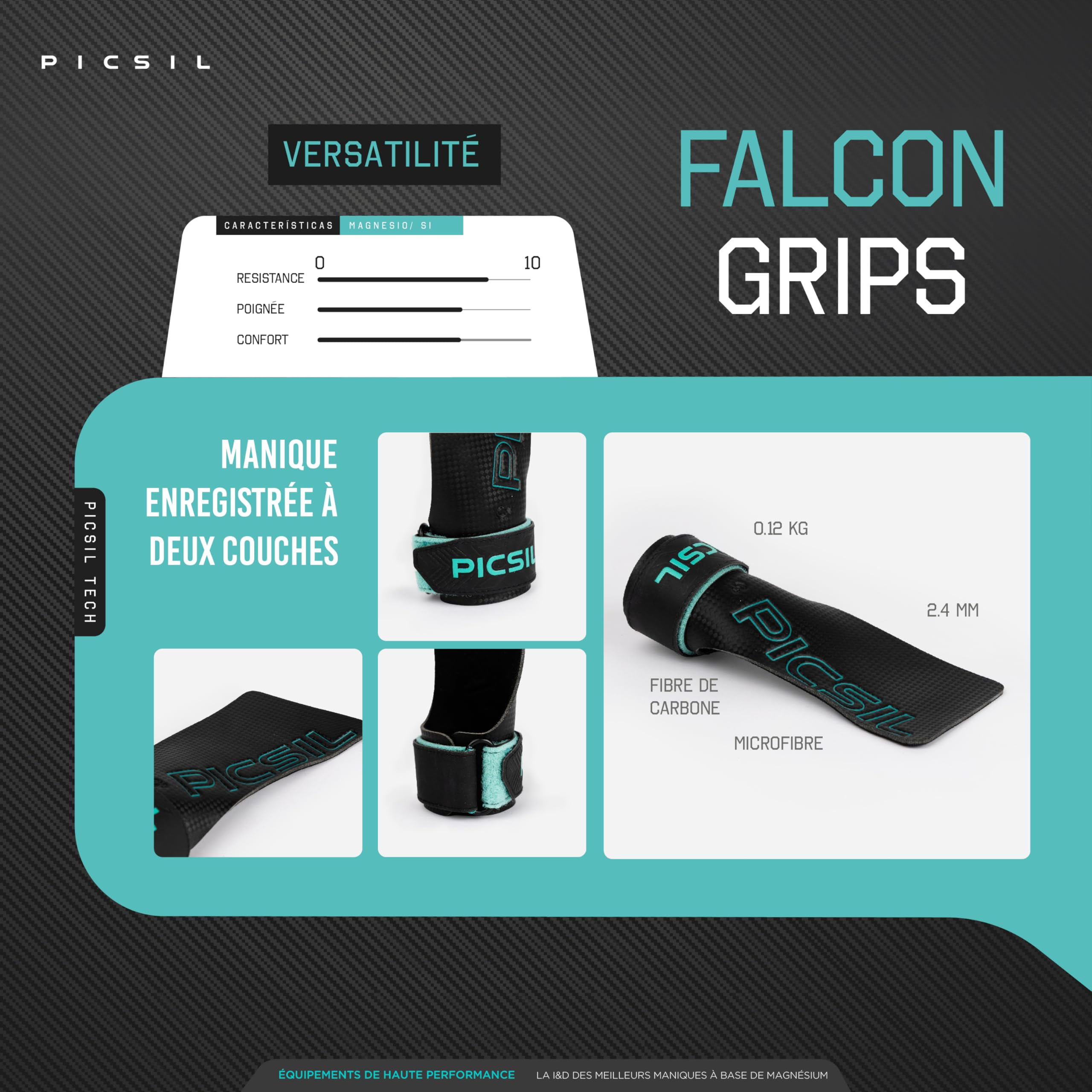 PICSIL Falcon Grips, Maniques Fibre de Carbone, avec Magnésie | Utilisation avec magnésie. Adhérence sur toutes surfaces. Pour le cross Training, le fitness, la gym et la calisthénie.