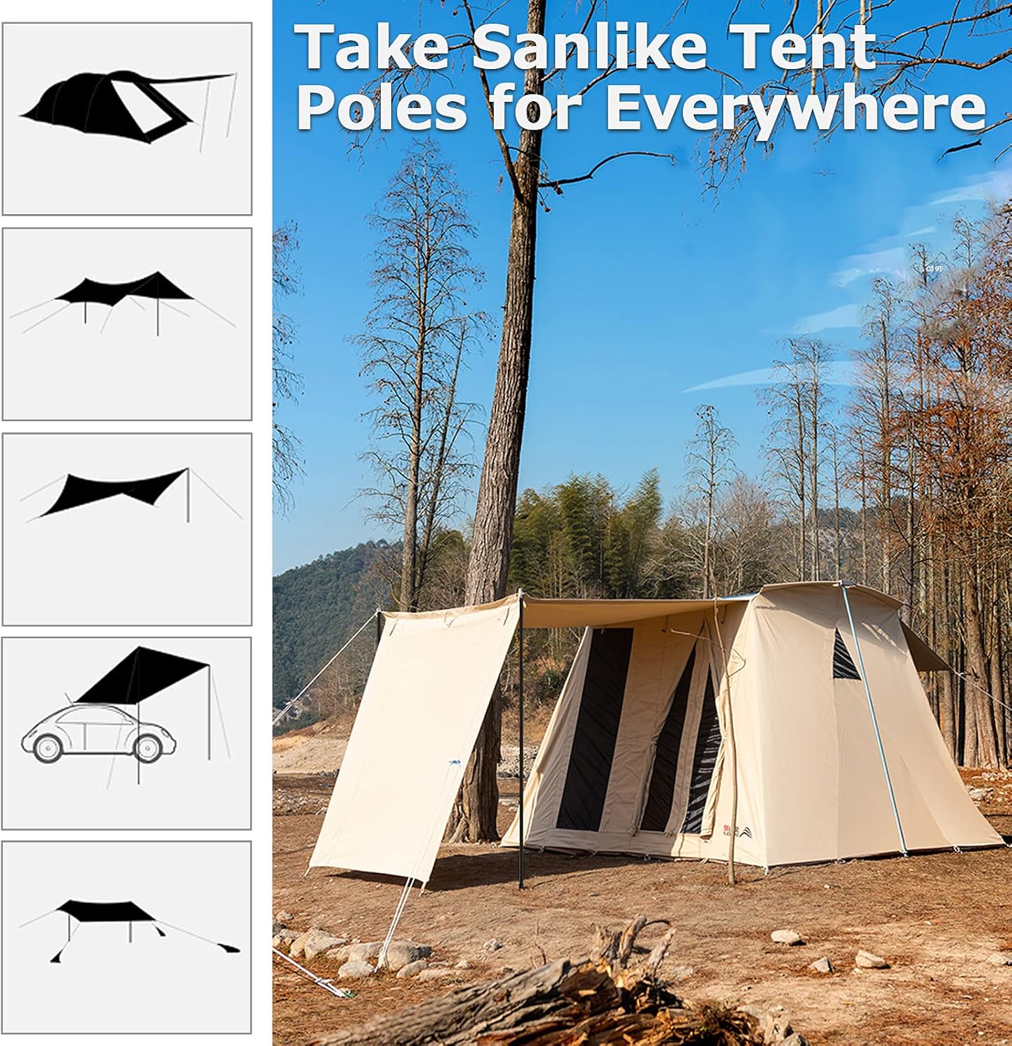 SAN LIKE Aluminum Tent Poles for Tarp, 60inch, 2 Sets (4 Sections), Black, Waterproof, Camping