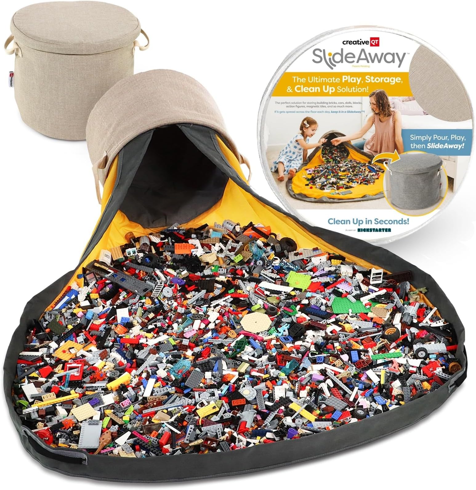 Creative QT SlideAway Toy Storage Organizer & Extra Large 52" Play Mat, Collapsible Storage Bins for Building Bricks, Small Blocks, Toys, Drawstring Cleanup for Kids Playroom & Classroom, Beige