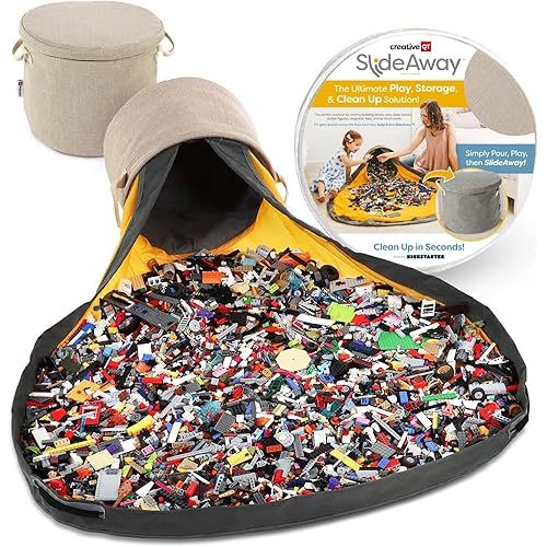 Creative QT SlideAway Toy Storage Organizer & Extra Large 52" Play Mat, Collapsible Storage Bins for Building Bricks, Small Blocks, Toys, Drawstring Cleanup for Kids Playroom & Classroom, Beige