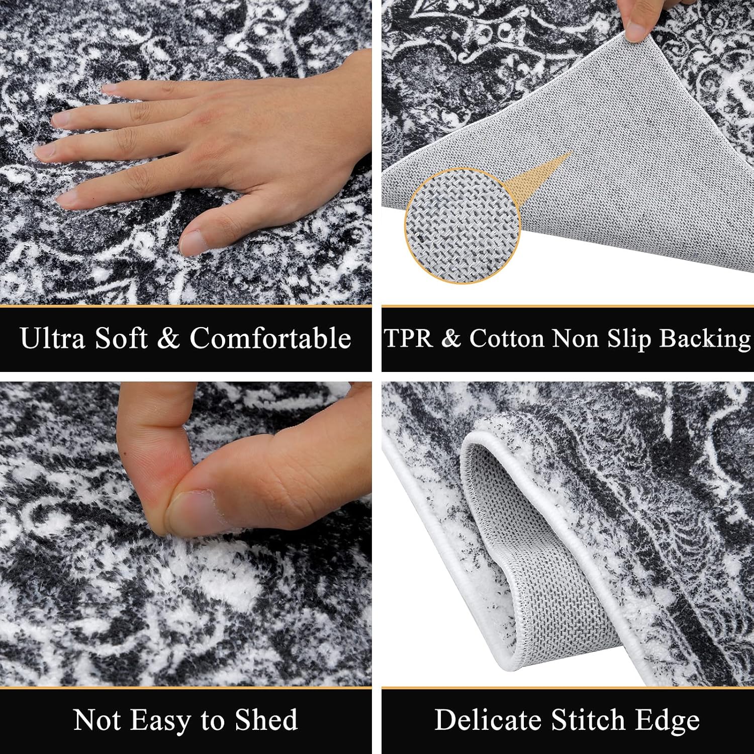 Vaukki Living Room Rug, Vintage Shaggy Soft Laundry Rug, Non Slip Kitchen Area Mat, Washable Farmhouse Bedroom Area Carpet for Bathroom, Kitchen and Kidsroom (3'x5', Black)